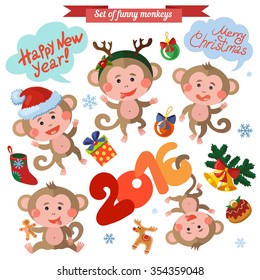 Flat art vector set of funny monkeys in a cartoon style. Funny monkey in different poses with christmas decorations. Monkey symbol of the year.