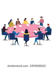 Flat Art Working Icons Of Corporate Employee Having Business Meeting