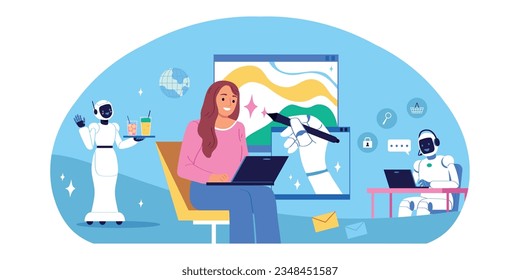 Flat artificial intelligence composition with robot waiter support service assistant and robotic hand drawing on screen vector illustration