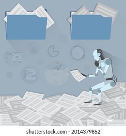 Flat of Artificial intelligence technology,Robot sitting on the document papers and analyzing them,AI used for analyze the data concept - Vector Illustration