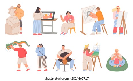 Flat artist people, painter, sculptor, photographer and architect. Art craft profession, activity or hobby. Women stitch and knit vector set. Illustration of sculptor and photographer, drawing painter