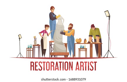 Flat artist restorer concept with group of people work on old statue vector illustration