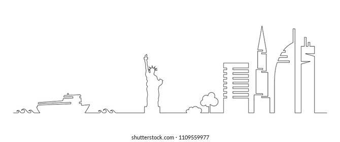 Flat artistic vector design of New York city buildings, skyscrapers, Statue of Liberty shape silhouettes drawn in minimalism slyle by one single line. NYC vector design for web designers