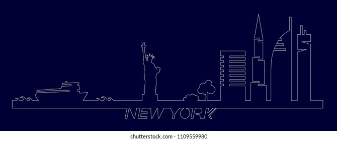 Flat artistic vector design of New York city buildings, skyscrapers, Statue of Liberty shape silhouettes drawn in minimalism slyle by one single line. NYC vector design for web designers