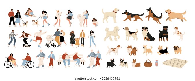 Flat artwork displays variety of beloved dog breeds amidst lush trees and greenery, highlighting the joy of companionship in a vibrant outdoor setting. The illustration captures family and diversity.