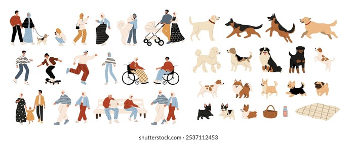 Flat artwork displays variety of beloved dog breeds amidst lush trees and greenery, highlighting the joy of companionship in a vibrant outdoor setting. The illustration captures family and diversity.