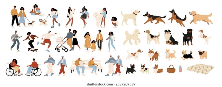 Flat artwork displays variety of beloved dog breeds amidst lush trees and greenery, highlighting the joy of companionship in a vibrant outdoor setting. The illustration captures family and diversity.