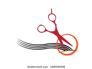 Flat artwork of a scissor cutting a long hair. Editable Clip Art.