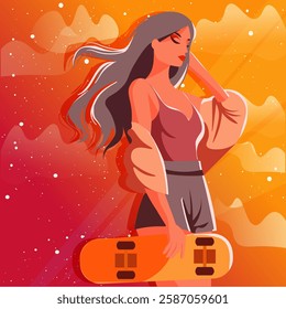 Flat artwork of a young woman at sunset holding a skateboard. Skateboarder near golden hour clouds.