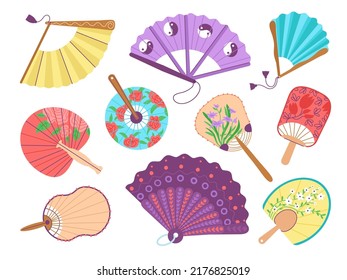 Flat asian fans. Elegant fan japan style, oriental traditional decorative hand accessories. Folding paper chinese elements for cooling wind, decent vector set