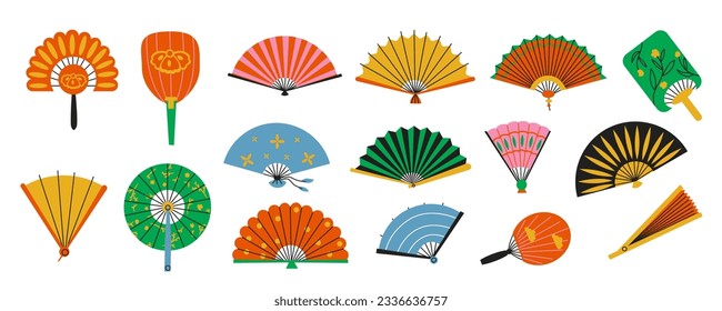 Flat asian fans. Folded oriental bamboo paper fans, open chinese japanese and korean traditional accessory. Vector collection of fan japanese traditional illustration