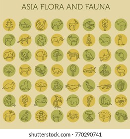 Flat Asian flora and fauna  elements. Animals, birds and sea life simple line icon set. Vector illustration