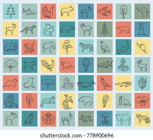 Flat Asian flora and fauna  elements. Animals, birds and sea life simple line icon set. Vector illustration