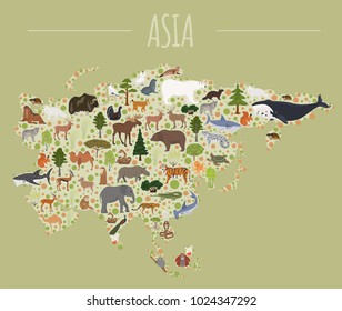 Flat Asian flora and fauna map constructor elements. Animals, birds and sea life isolated on white big set. Build your own geography infographics collection. Vector illustration