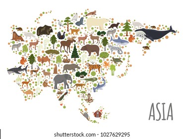 Flat Asian flora and fauna map constructor elements. Animals, birds and sea life isolated on white big set. Build your own geography infographics collection. Vector illustration