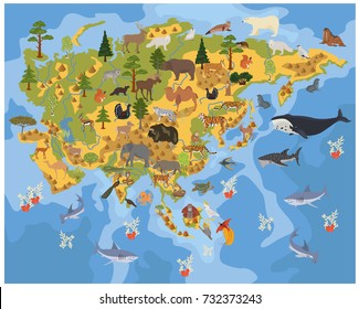 Flat Asian flora and fauna map constructor elements. Animals, birds and sea life isolated on white big set. Build your own geography infographics collection. Vector illustration