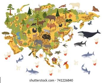 Flat Asian flora and fauna map constructor elements. Animals, birds and sea life isolated on white big set. Build your own geography infographics collection. Vector illustration