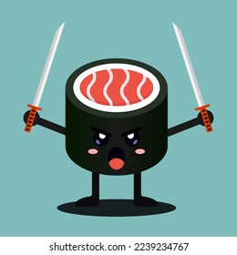 Flat Asian Food. Cartoon Happy Sashimi vector illustration