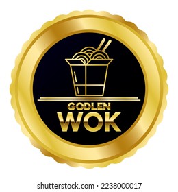 Flat Asian Food. Golden Wok stamp logo vector illustration