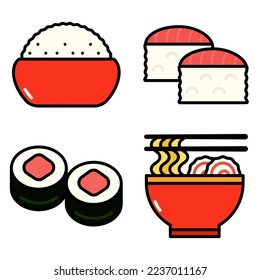 Comida plana asiática. Icono de arroz japonés, sashimi, sushi y ramen, conjunto de ilustraciones vectoriales