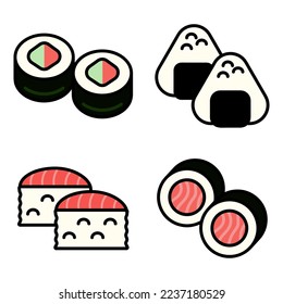 Comida plana asiática. Conjunto de ilustraciones vectoriales de iconos de sushi japonés