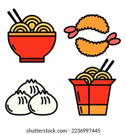 Flat Asian Food.  Noodle, Shrimps, Dumplings and Wok icon vector illustration set