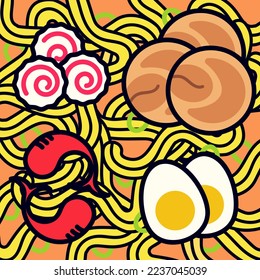 Flat Asian Food. Ramen Template icon vector set with Noodle