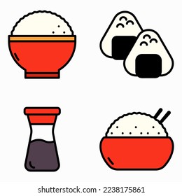 Flat Asian Food. Rice, Onigiri, and Soy Sauce Jar icon vector illustration set