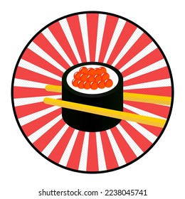 Comida plana asiática. Sushi con С aviar y Chopsticks logotipo icono ilustración vectorial