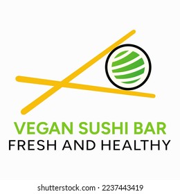 Comida plana asiática. Vegan Sushi Bar, plantilla de vectores de logotipo fresco y saludable