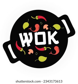 Flat Asian Food. Wok Pan with Ingredients vector template
