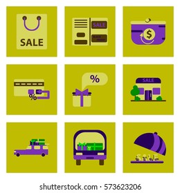 Flat assembly icons of Set of gifts and discounts