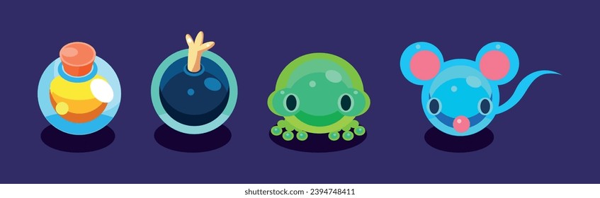 Flat Assets for Mobile Game with Funny Creatures Vector Set