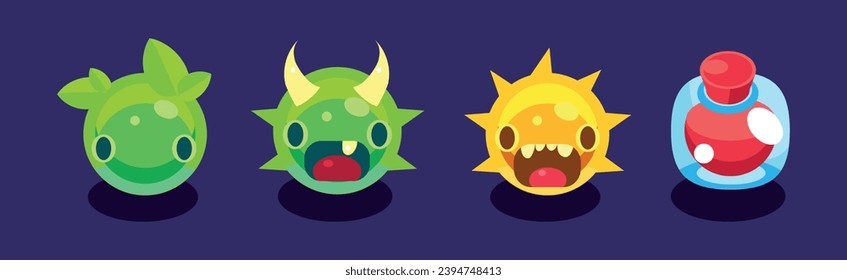 Flat Assets for Mobile Game with Funny Creatures Vector Set