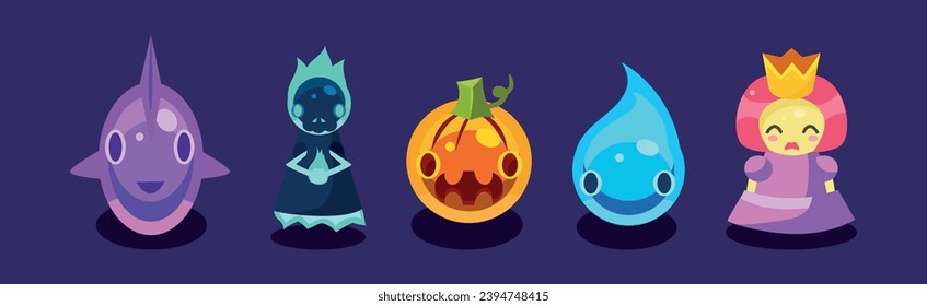 Flat Assets for Mobile Game with Funny Creatures Vector Set