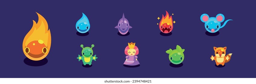 Flat Assets for Mobile Game with Funny Creatures Vector Set