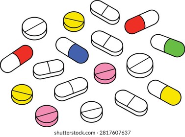 Flat assorted medicine pills and capsules vector illustration isolated on white background. Pharmaceutical medication collection icon for healthcare, pharmacy, prescription drugs, hospitals, clinics, vitamins and medical treatment. Editable EPS vector.