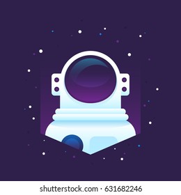 Flat astronaut portrait in deep space in space suit, helmet and stars. Modern dimensional vector illustration. Perfect for print, t-shirt design, wallpapers, apparel and web design, as logo or icon.