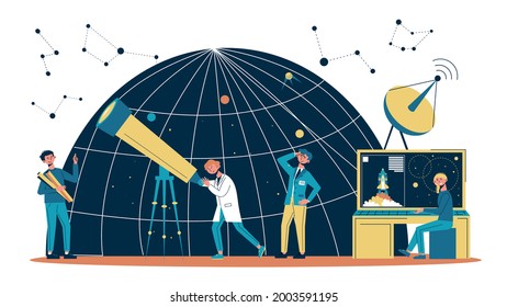 Flat astronomy composition astronomer and scientists work at the space research center vector illustration