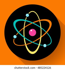 Flat atom icon in circle. Chemistry and physics symbol