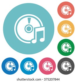 Flat audio CD icon set on round color background.