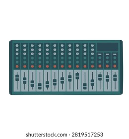 Flat audio mixing console illustration with multiple channel faders and knobs isolated on white background. Professional sound mixer for recording studio and live events