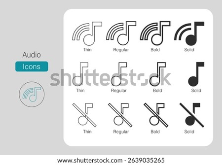 Flat Audio and Note line vector icons set for commercial use. Linear icon collection. Regular size Icon. Thin line music cast editable stroke illustration. Trendy outline symbols. Solid Icon in vector