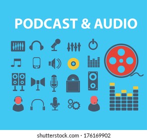 flat audio, podcast, media icons set, vector