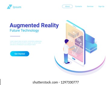 Flat augmented realty VR Virtual Reality vector isometric illustration web banner. Man using smartphone interface touching phone screen. Future technology