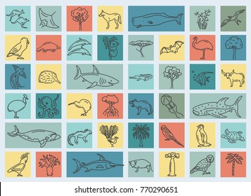 Flat Australia and Oceania flora and fauna  elements. Animals, birds and sea life simple line icon set. Vector illustration