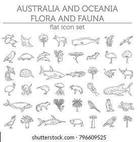 Flat Australia and Oceania flora and fauna  elements. Animals, birds and sea life simple line icon set. Vector illustration