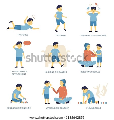 Flat autism signs set with child playing alone tiptoeing avoiding eye contact going into hysterics and other symptoms isolated vector illustration