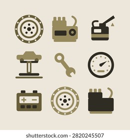 Flat auto repair icon set centred on a tire in sand olive colors, geometric vector automotive service artwork prepared for repair shop signage, manuals and print layouts.