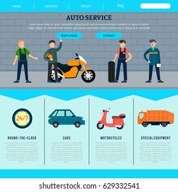 Flat auto service web site template with professional workers and car motorcycle truck repair opportunities vector illustration